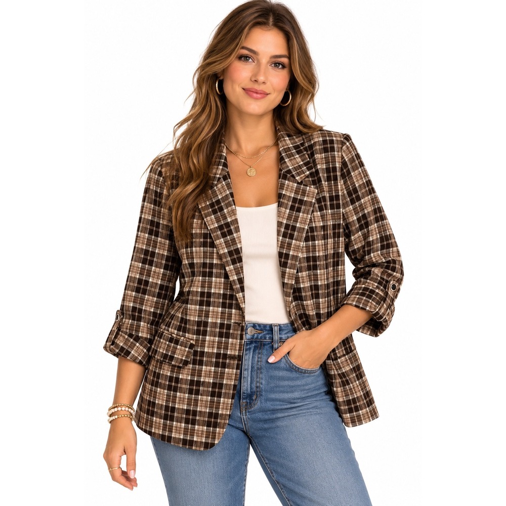 Entro Brown Plaid Roll Tab Sleeve Blazer Jacket NWT Professional Career Wear